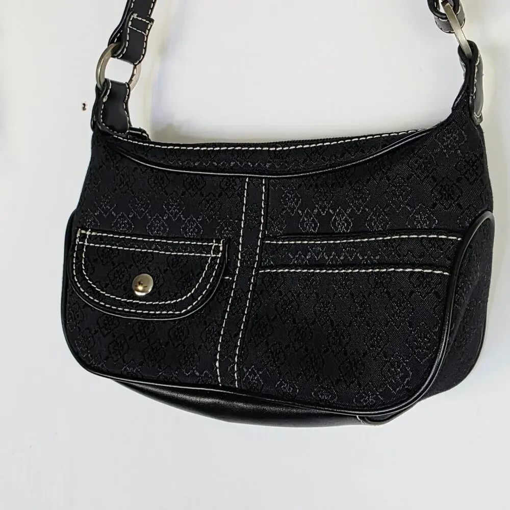 Villager Liz Clairborne Shoulder Bag Small Black Monogram Jacquard Pocket Y2K